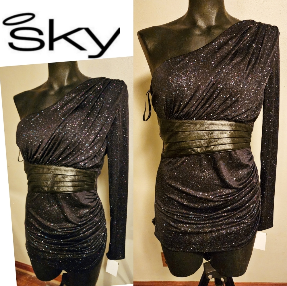 Sky Rainbow Leather Trim One Shoulder Dress.   Sz. Sm.  New